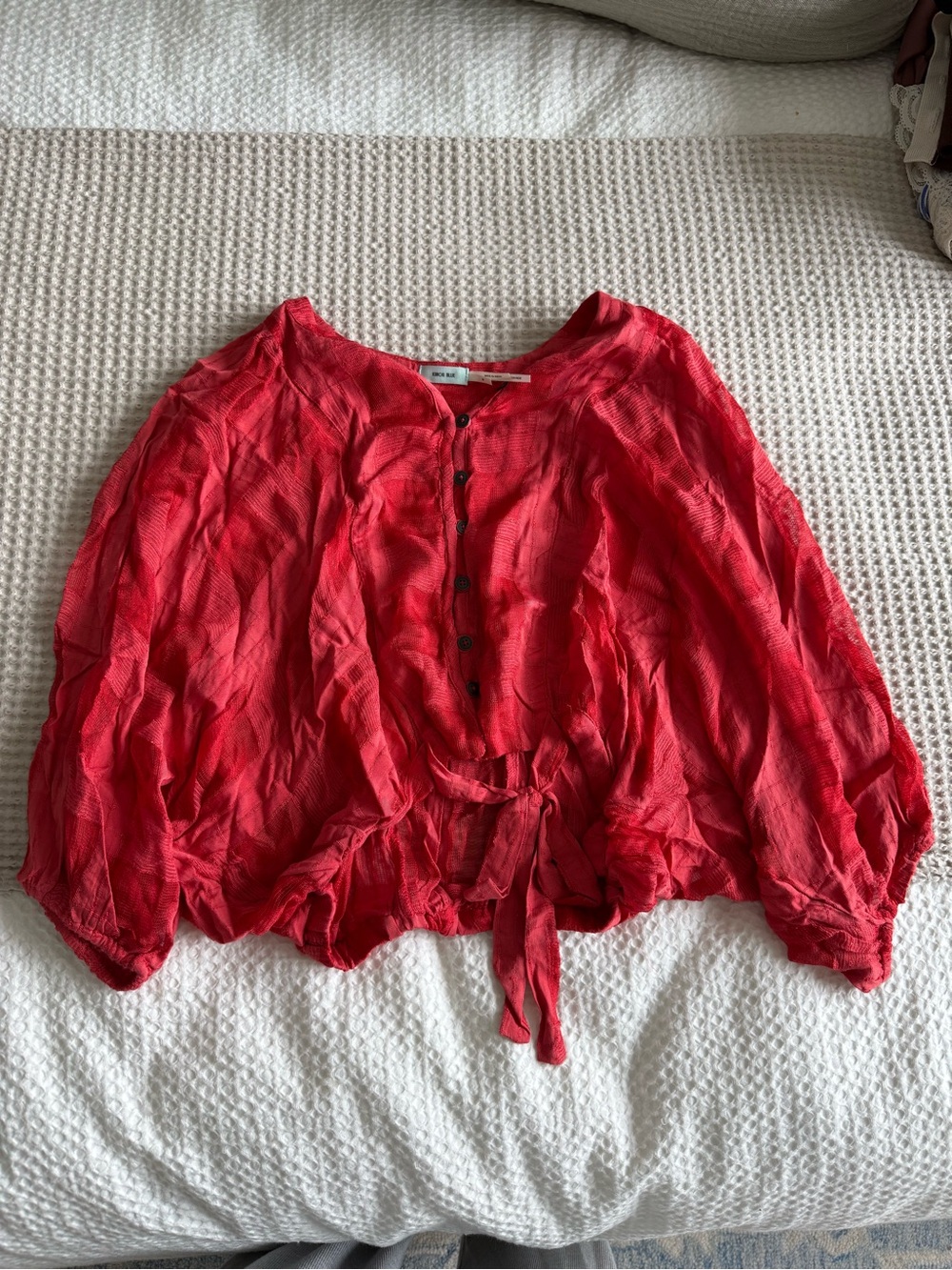Kimchi Blue Vibrant Red Button-Front Blouse with Tie Waist